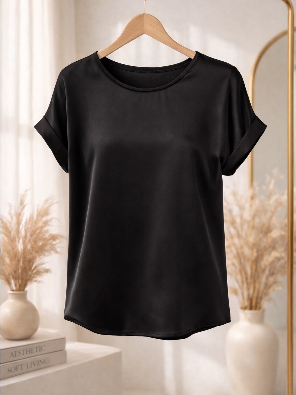 Satin Short Sleeve Tee in Black